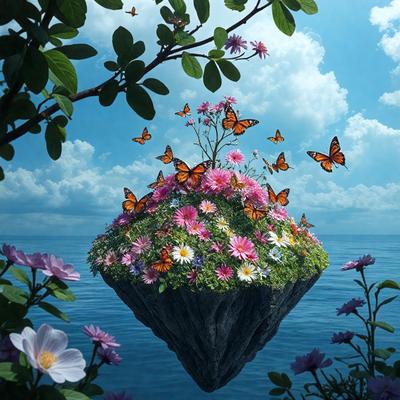 The primary subject of the image is a flower arrangement, which is floating in the air. The setting is a blue ocean, and the visual style appears to be a combination of photo and digital art. The colors in the image are predominantly blue and pink, creating a serene and calming atmosphere.